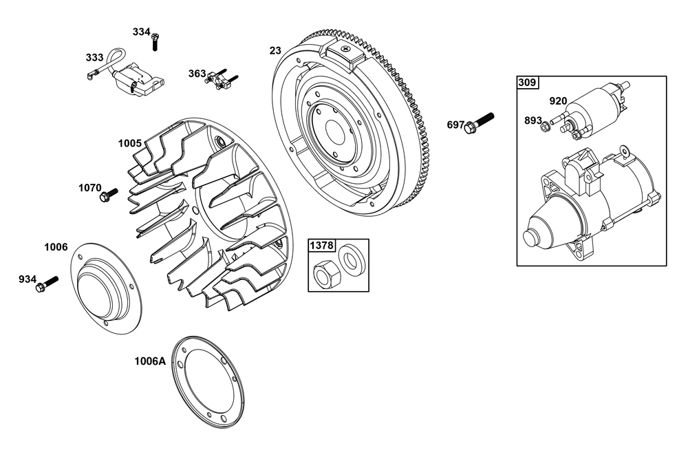 Flywheel, Ignition, And Starter Group Diagram and Parts List for 61H375-0001-E1 400000 - 699999 Briggs and Stratton Engine